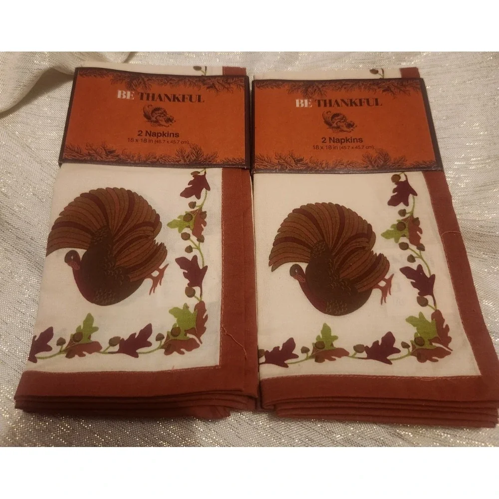 Be Thankful Thanksgiving Turkey Cloth Napkins 100% Cotton Set of 4 NEW 18